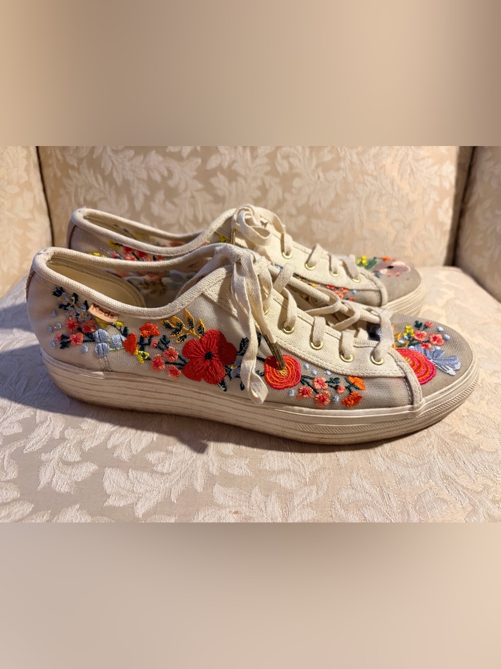 Keds Cream Canvas Sneakers with Red and Orange Floral Embroidery